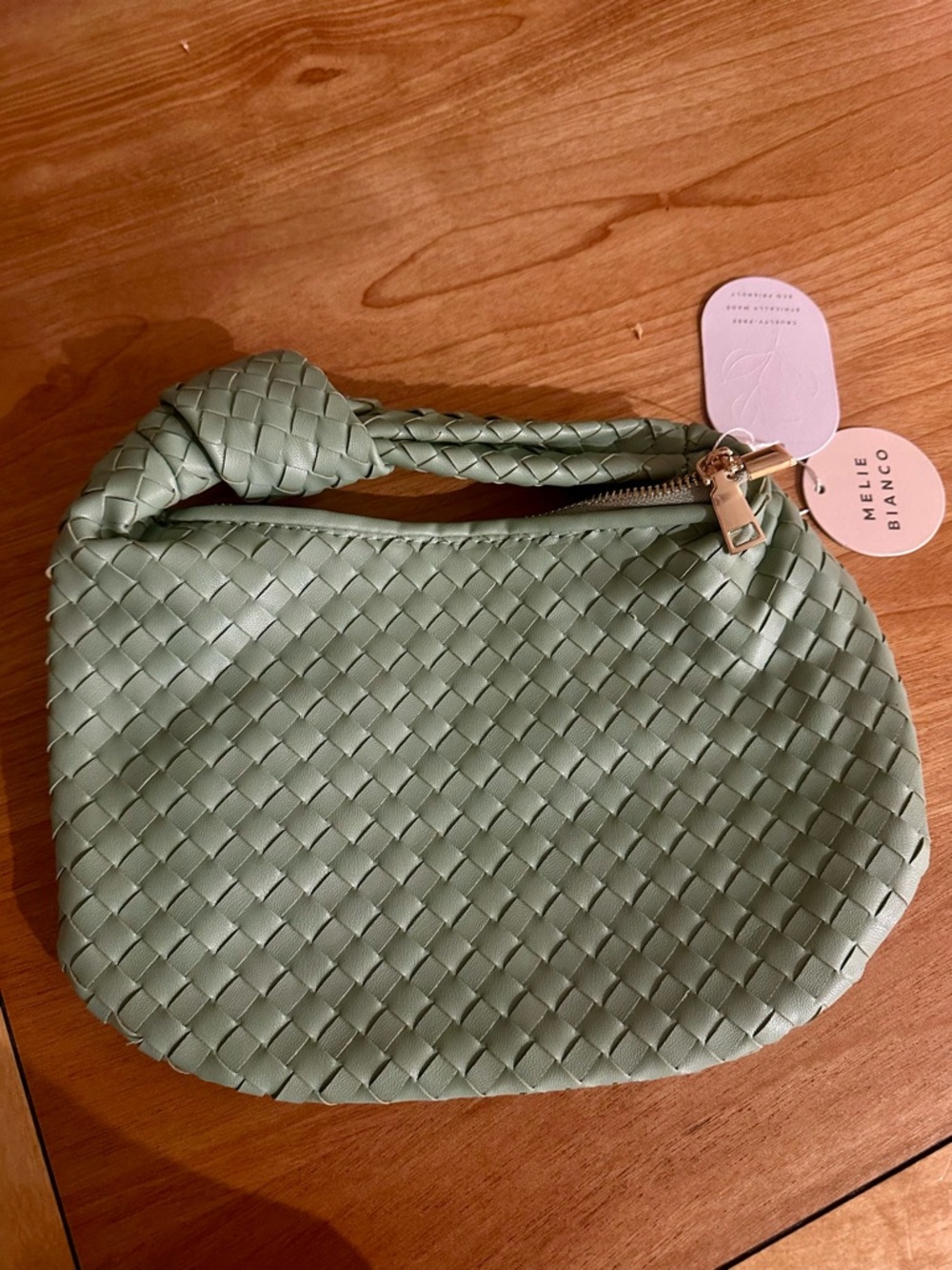 Anthropologie Melie Bianco Mint Green Woven Knot-Handle hand bag